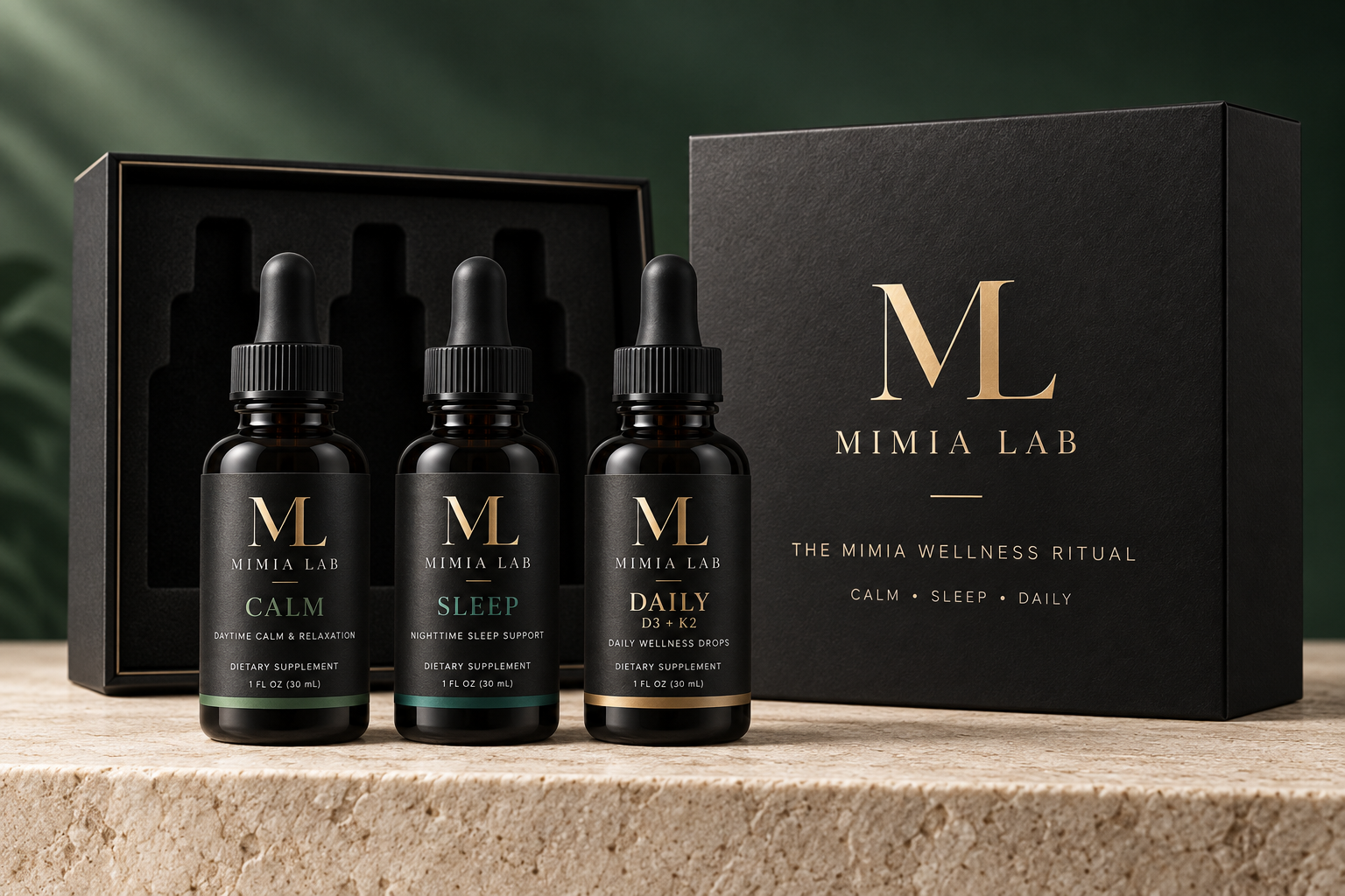 The MIMIA LAB ritual set — CALM, SLEEP and DAILY D3 + K2 liquid formulas in glass dropper bottles